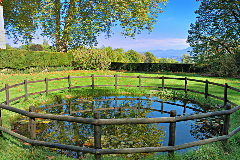 decorative branch fencing surrounding pond