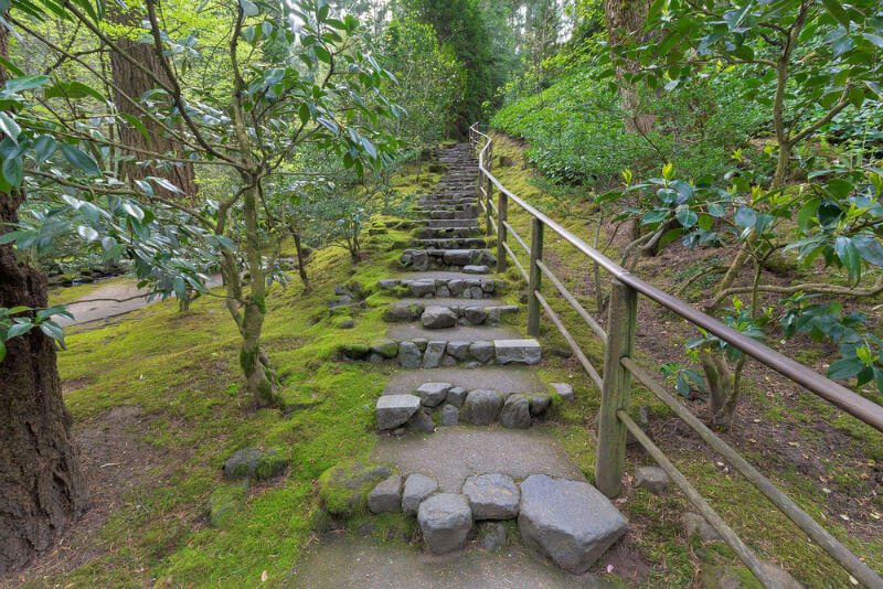 natural stone steps with bamboo fence railings in Japanese garden during spring season